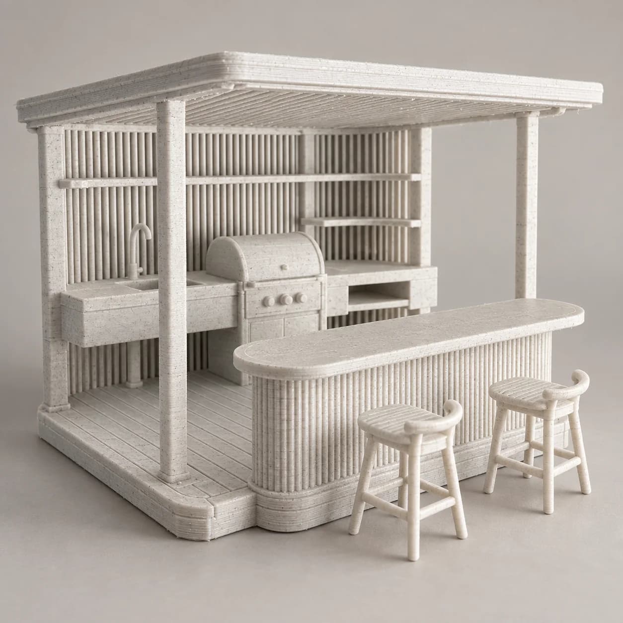 Maqueta de un bar exterior con pérgola