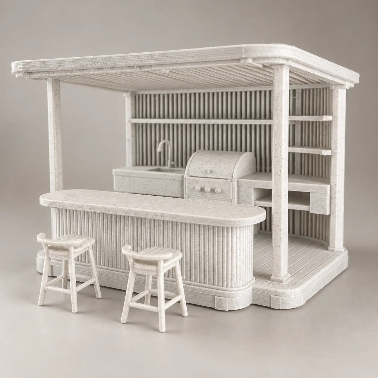 Maqueta de un bar exterior con pérgola