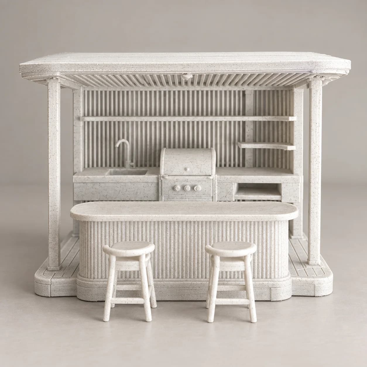 Maqueta a escala de un bar exterior con pérgola, barbacoa y taburetes impresa en 3D en PLA Mármol